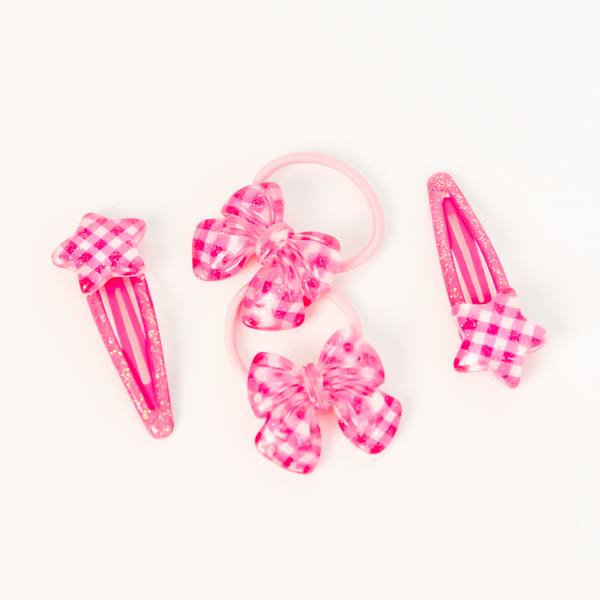 Star Ribbon Resin Gingham & Glitter Hair Clip & Tie Set | Fuschia