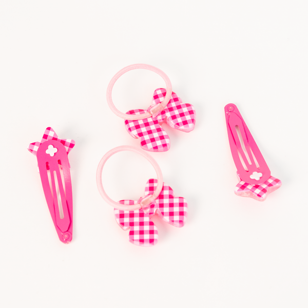Star Ribbon Resin Gingham & Glitter Hair Clip & Tie Set | Fuschia