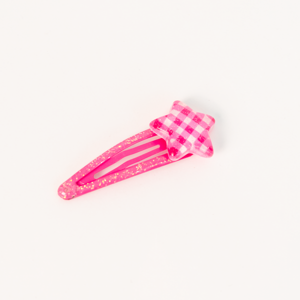 Star Ribbon Resin Gingham & Glitter Hair Clip & Tie Set | Fuschia