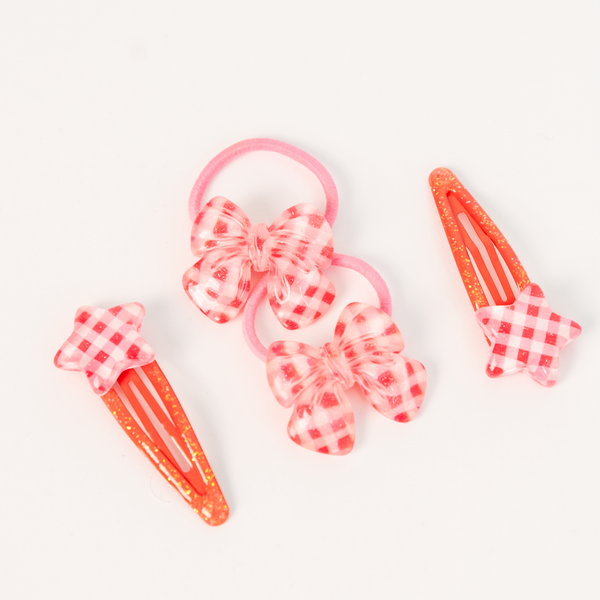 Star Ribbon Resin Gingham & Glitter Hair Clip & Tie Set | Red