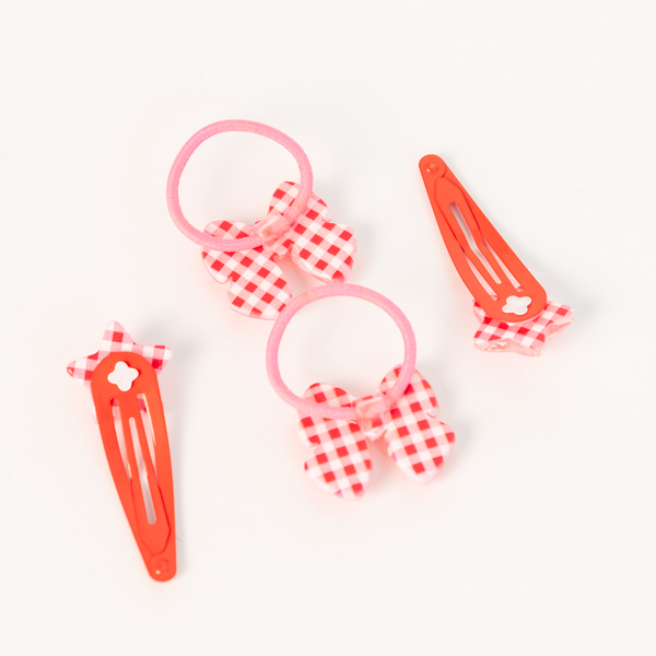 Star Ribbon Resin Gingham & Glitter Hair Clip & Tie Set | Red