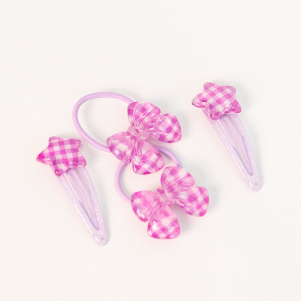 Star Ribbon Resin Gingham & Glitter Hair Clip & Tie Set | Purple
