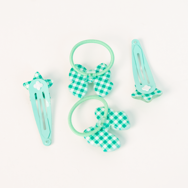 Star Ribbon Resin Gingham & Glitter Hair Clip & Tie Set | Green