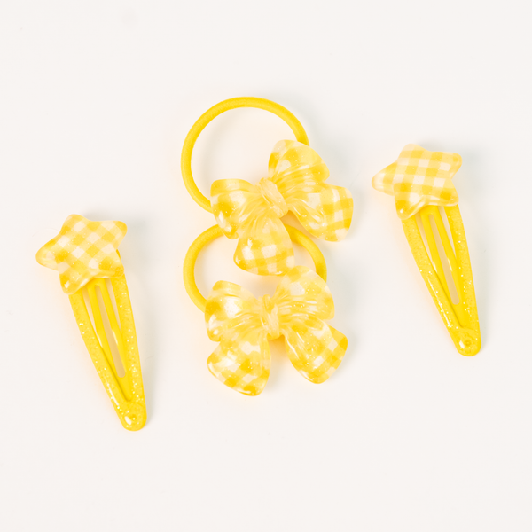 Star Ribbon Resin Gingham & Glitter Hair Clip & Tie Set | Yellow