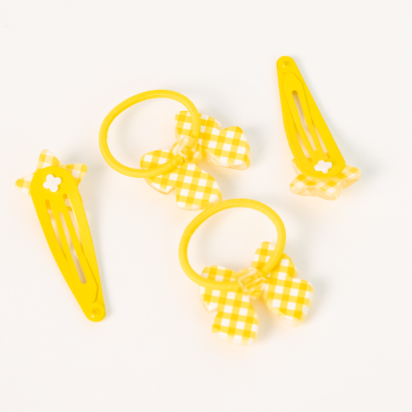 Star Ribbon Resin Gingham & Glitter Hair Clip & Tie Set | Yellow