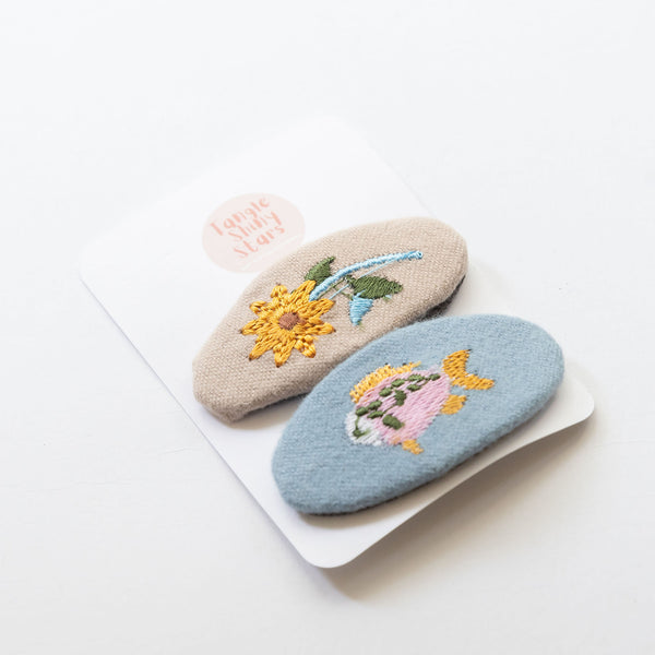 fish and flower embroidered oval hair snap clips