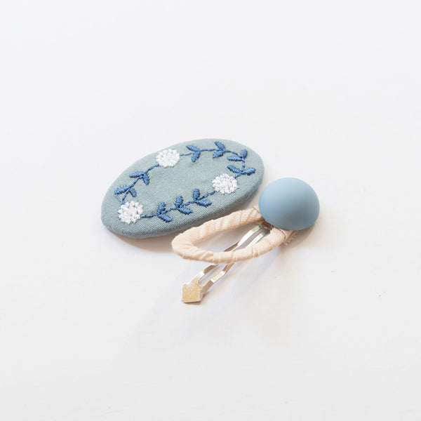 blue flower embroidered hair snap clips