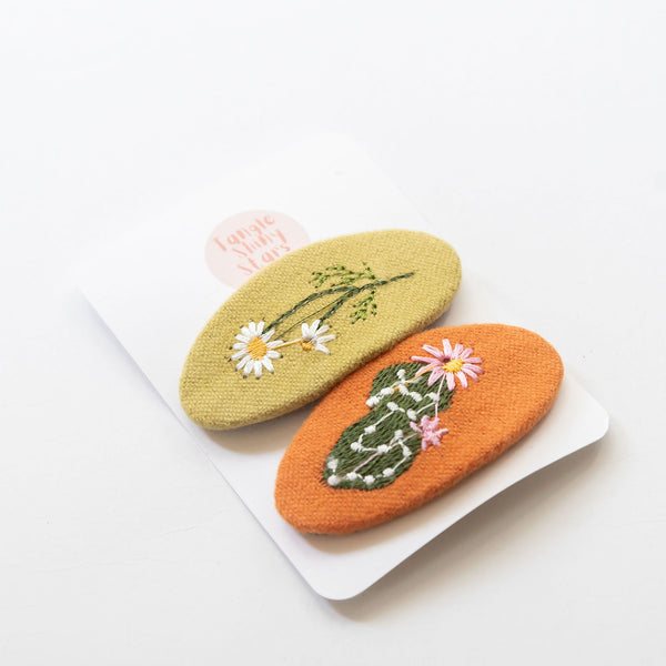flower and cactus embroidered oval hair clips