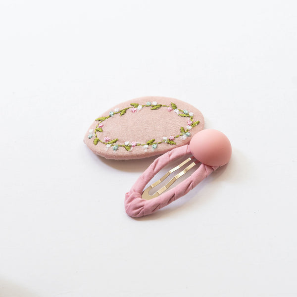 light pink oval embroidered floral hair snap clips
