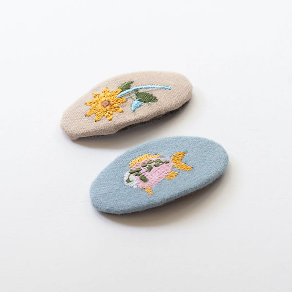 beige flower and blue fish embroidered hair clips