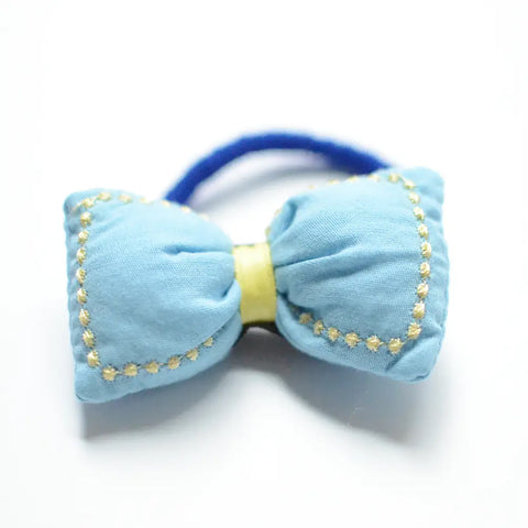 blue puffed fabric bow hair tie