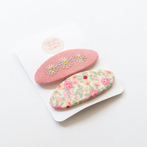 coral pink floral embroidered hair clips