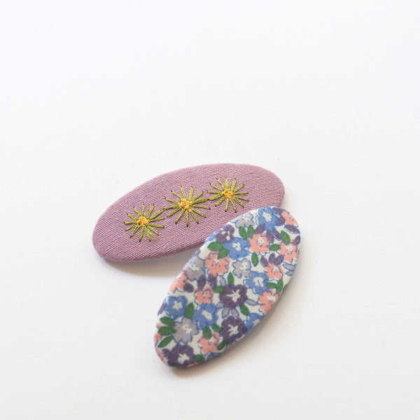 snap hair clips with dusty purple floral embroidered pattern