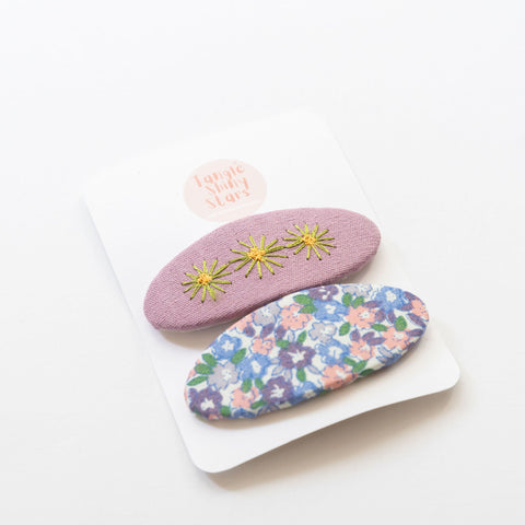 dusty purple oval floral embroidered hair clips