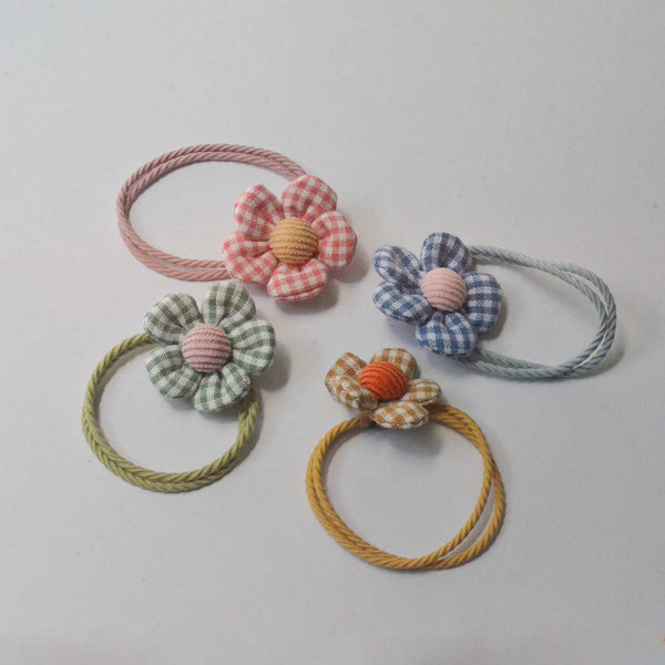 flower gingham hair tie bundle: pink, blue, green, light brown