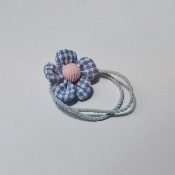 blue gingham pattern flower hair tie