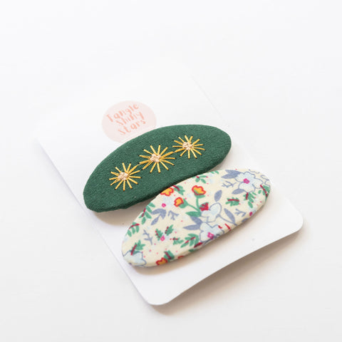 green oval floral embroidered hair snap clips