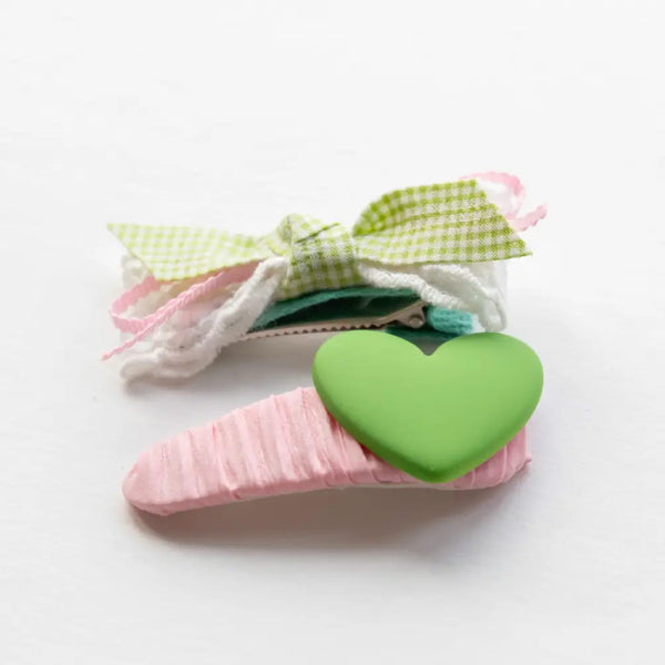 green heart and checkered ribbon hair clips