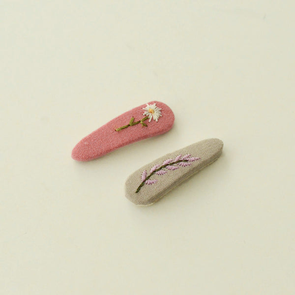 Triangle Embroidered Floral Snap Hair Clips | Pink & Grey