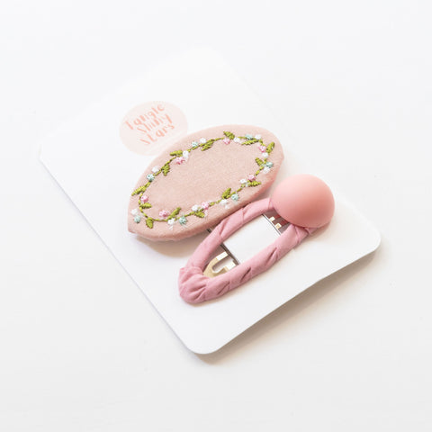 light pink oval embroidered floral hair clips