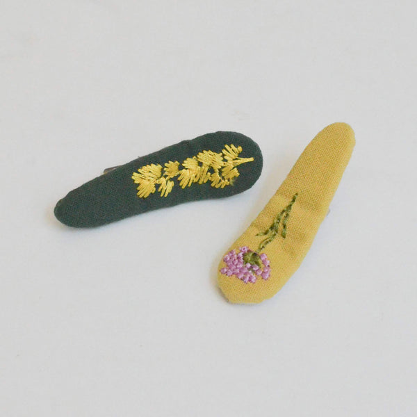 Triangle Embroidered Floral Snap Hair Clips | Green & Mustard