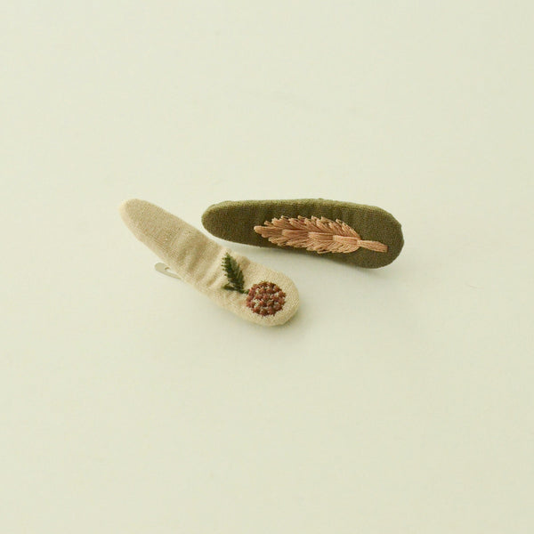 olive green and beige floral embroidered hair clips