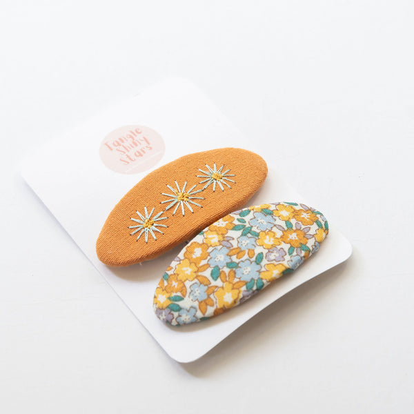 orange oval floral embroidered hair snap clips