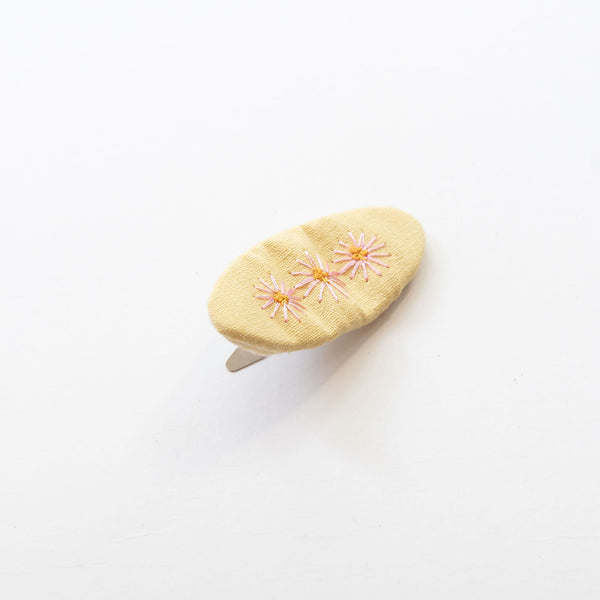 pastel yellow oval shaped and floral embroidered hair snap clip