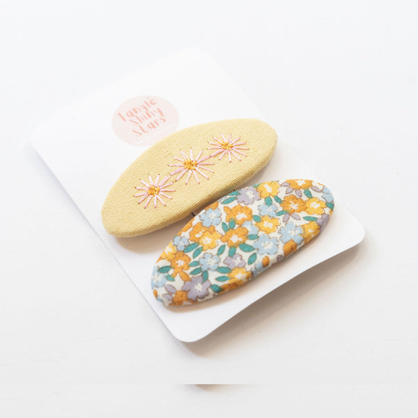 pastel yellow oval floral embroidered hair clips 