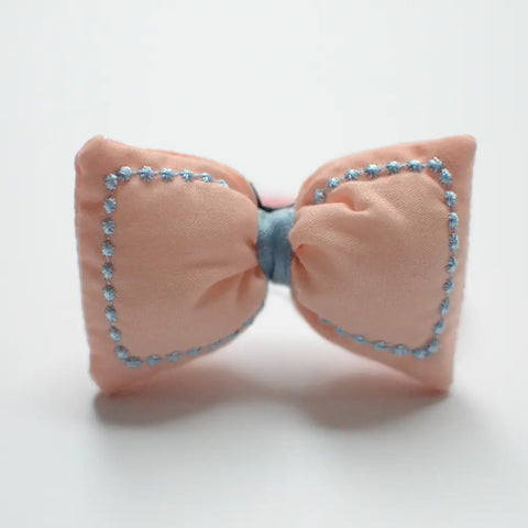 pink with blue stitch puffed fabric bow hair tie