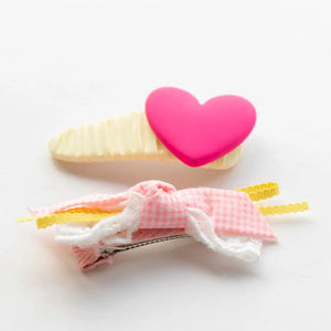 pink heart and checkered ribbon hair clips