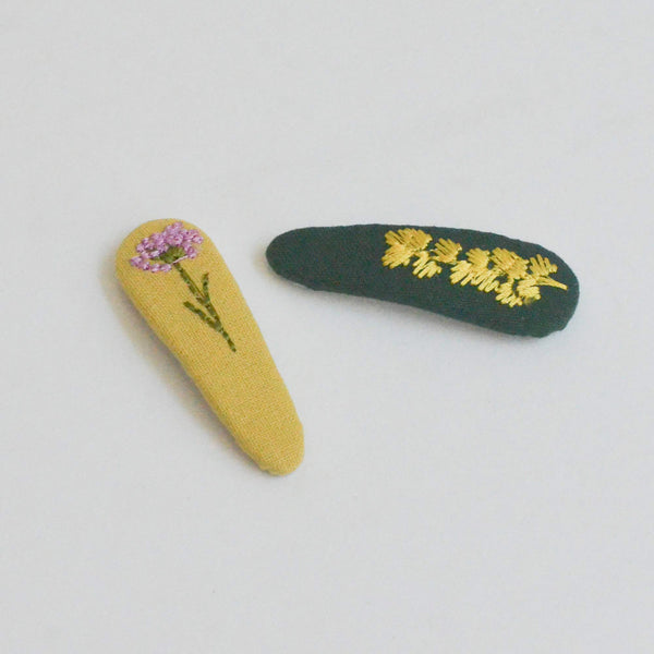 Triangle Embroidered Floral Snap Hair Clips | Green & Mustard