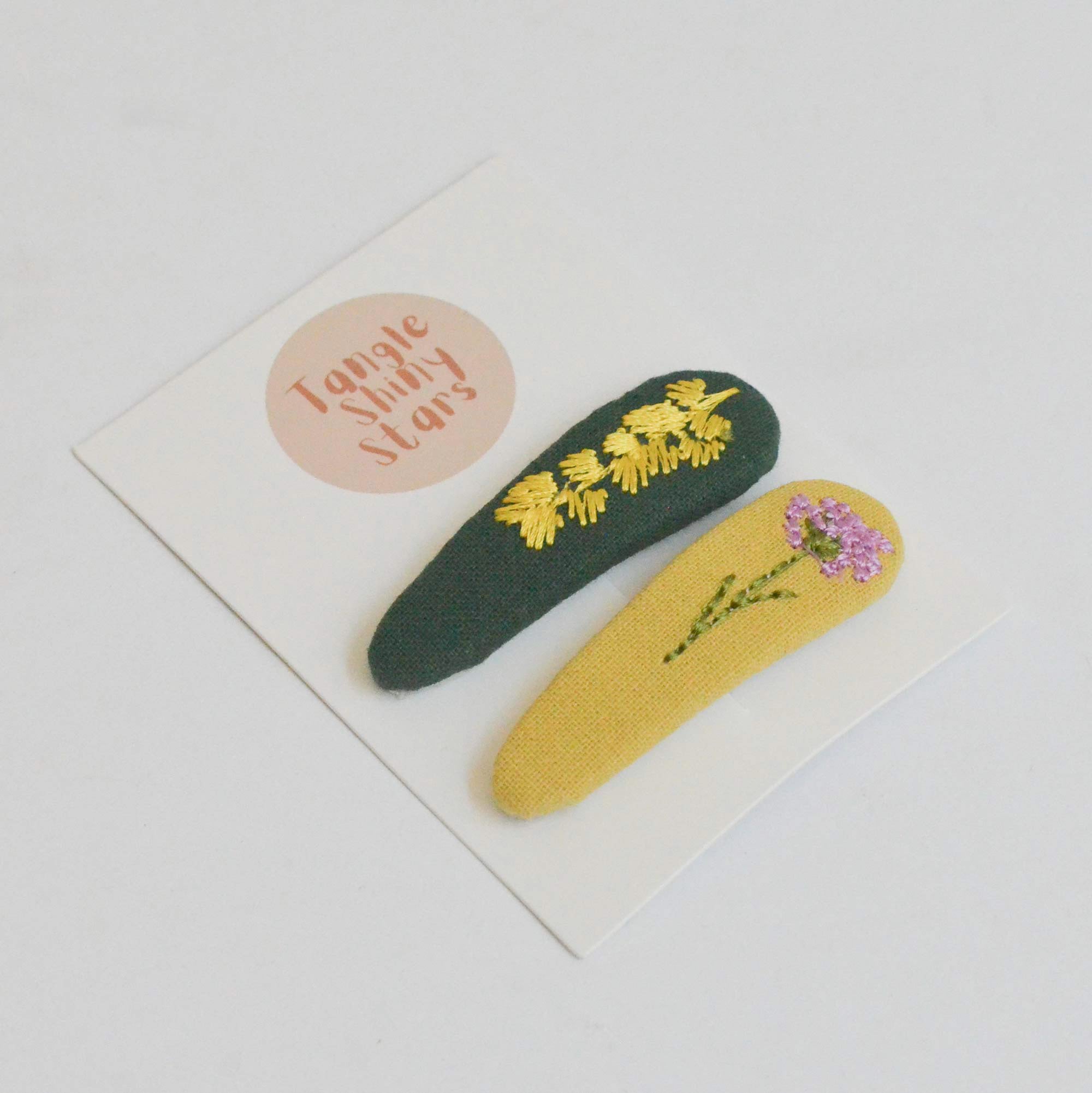 Triangle Embroidered Floral Snap Hair Clips | Green & Mustard