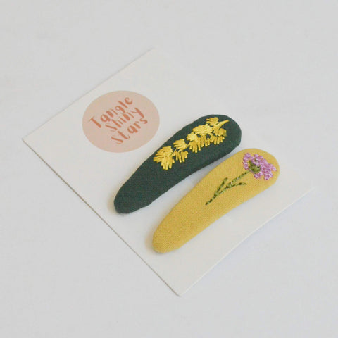 Triangle Embroidered Floral Snap Hair Clips | Green & Mustard