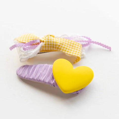 yellow heart and checkered ribbon hair clips