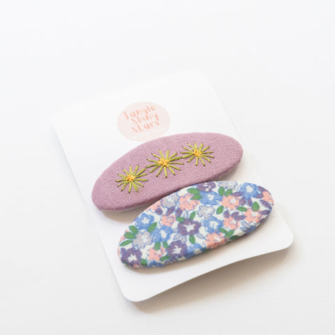 Handmade Vintage Embroidered Hair Clips ( Dusty Purple and Flowers)