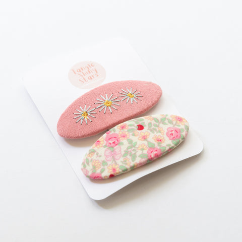Handmade Vintage Embroidered Hair Clips (Coral Pink and Flowers)