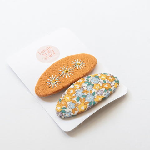Handmade Vintage Embroidered Hair Clips ( Orange and Flowers)