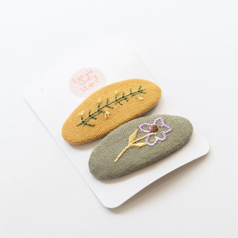 Handmade Vintage Embroidered Hair Clips ( Eco Green and Mustard Yellow)
