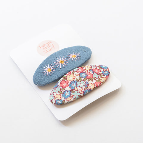 Handmade Vintage Embroidered Hair Clips ( Blue and Flowers)
