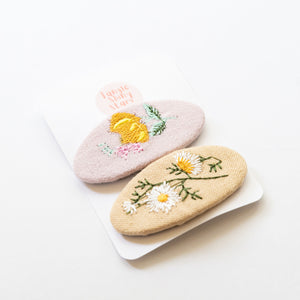 Oval Embroidered Floral Snap Hair Clips | Light Pink & Beige